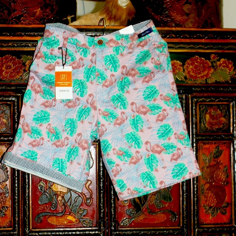 NEW* Printed Cotton Stretch Flip Cuff Flamingo Shorts